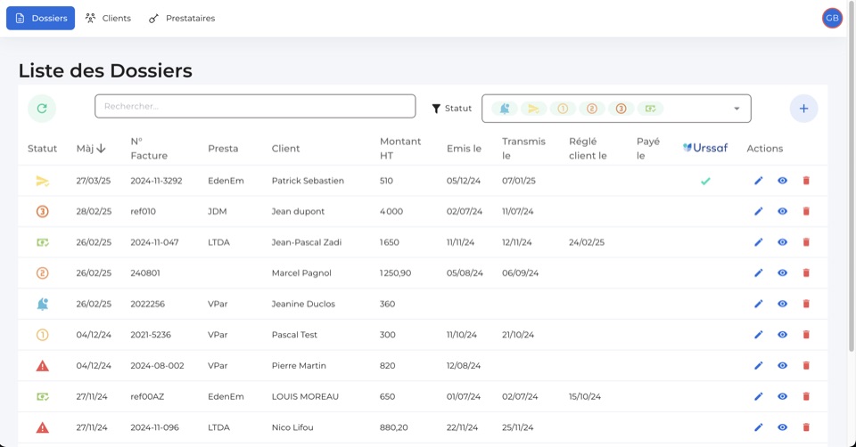 File tracking tool — list of files, statuses, amounts and key dates